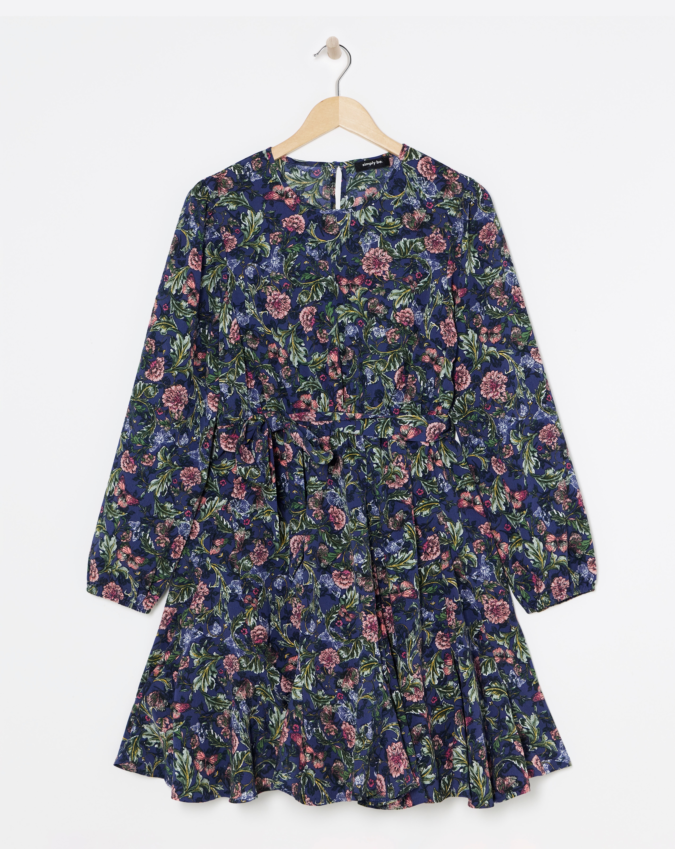 Blue Floral Printed Belted Skater Dress