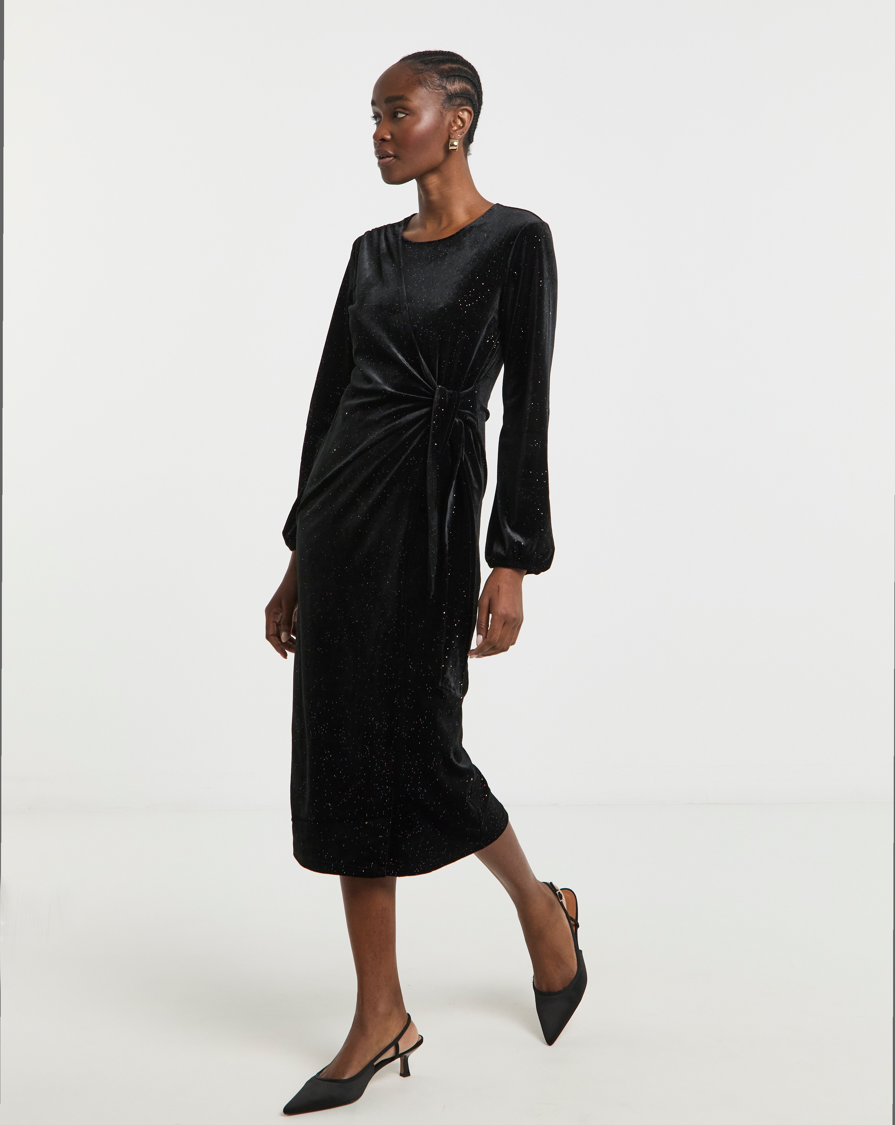 Black Glitter Velour Wrap Dress