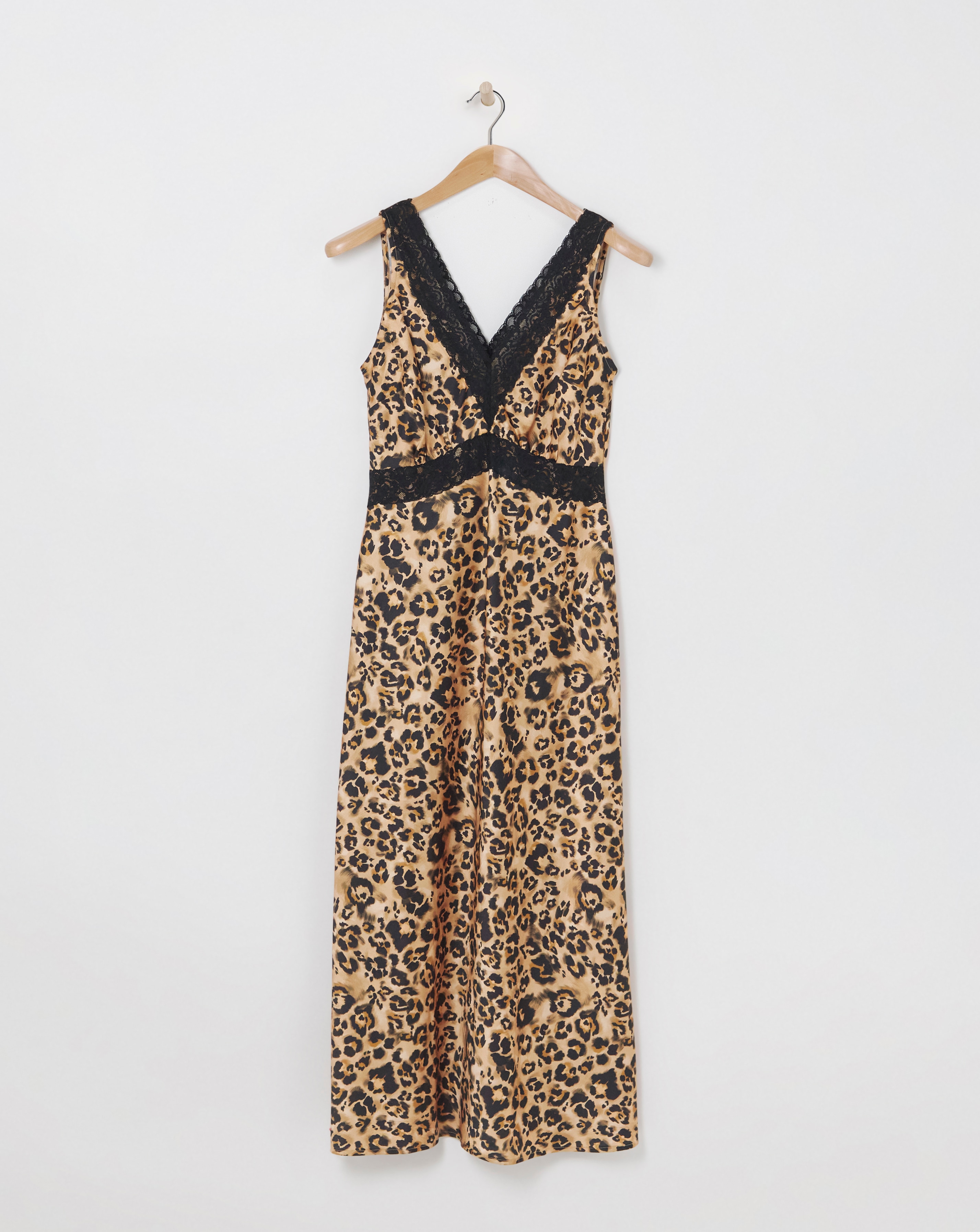 Leopard Print Lace Trim Satin Slip Dress