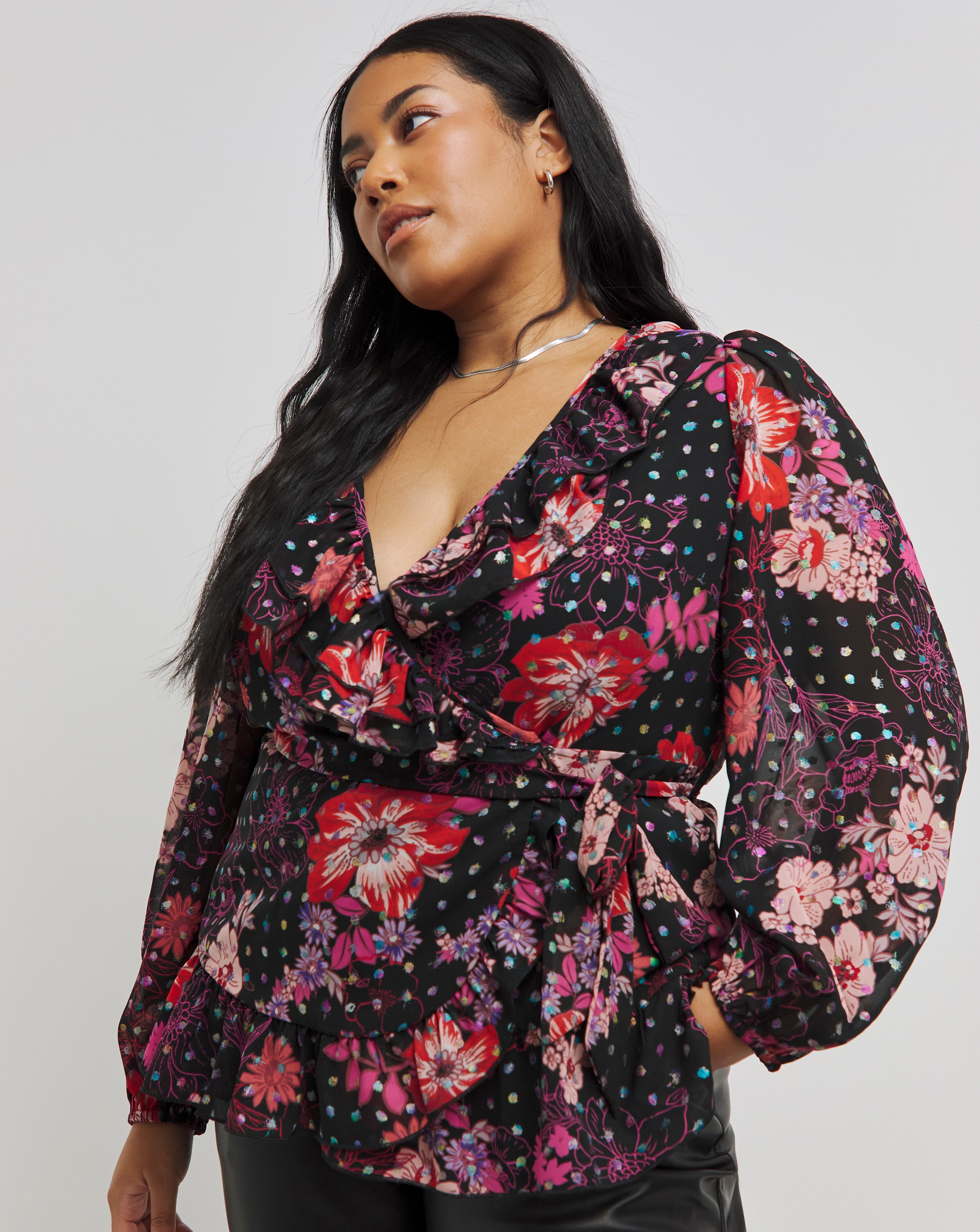 Printed Rainbow Foil Frill Blouse