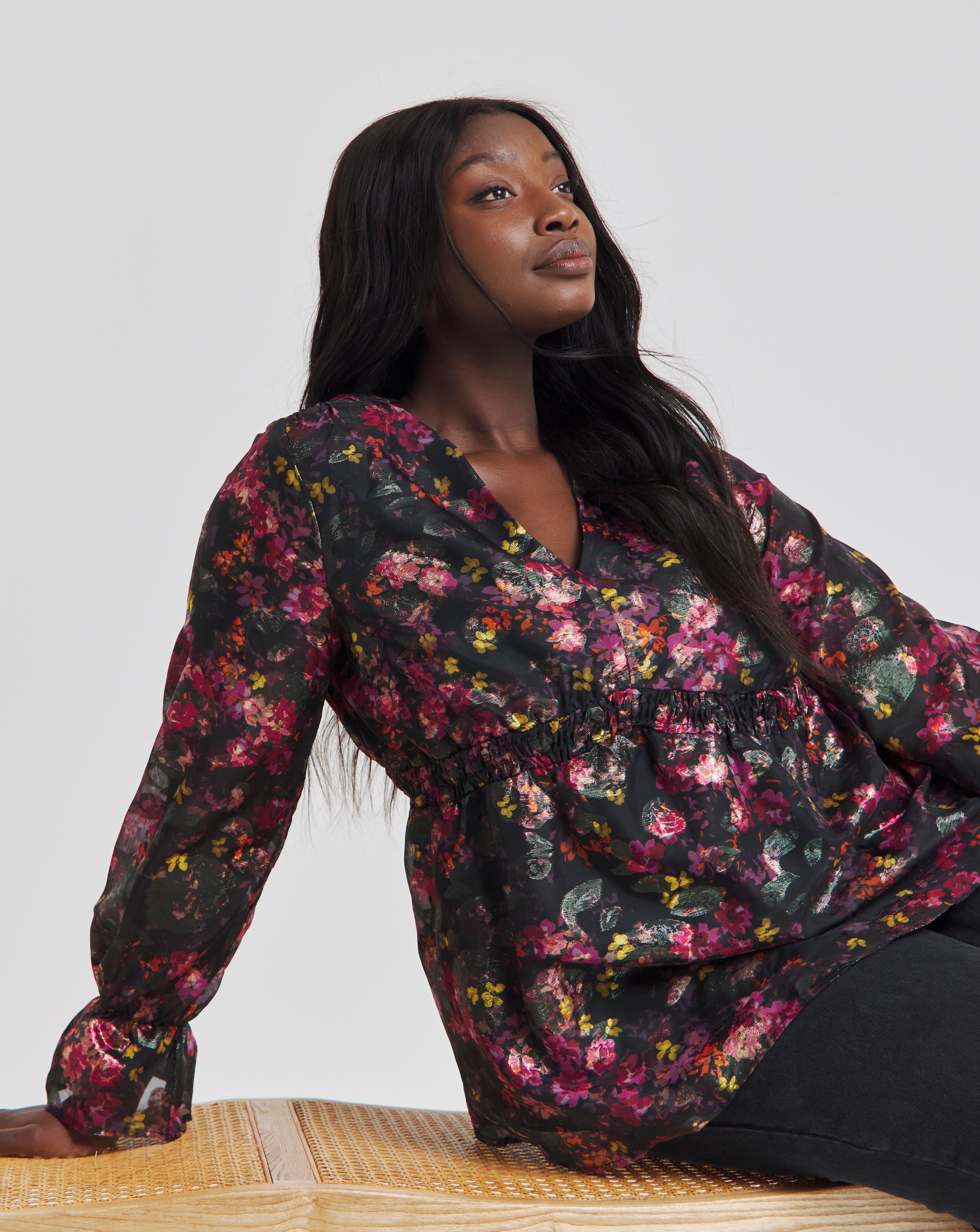 Foil Black Floral Print V Neck Blouse