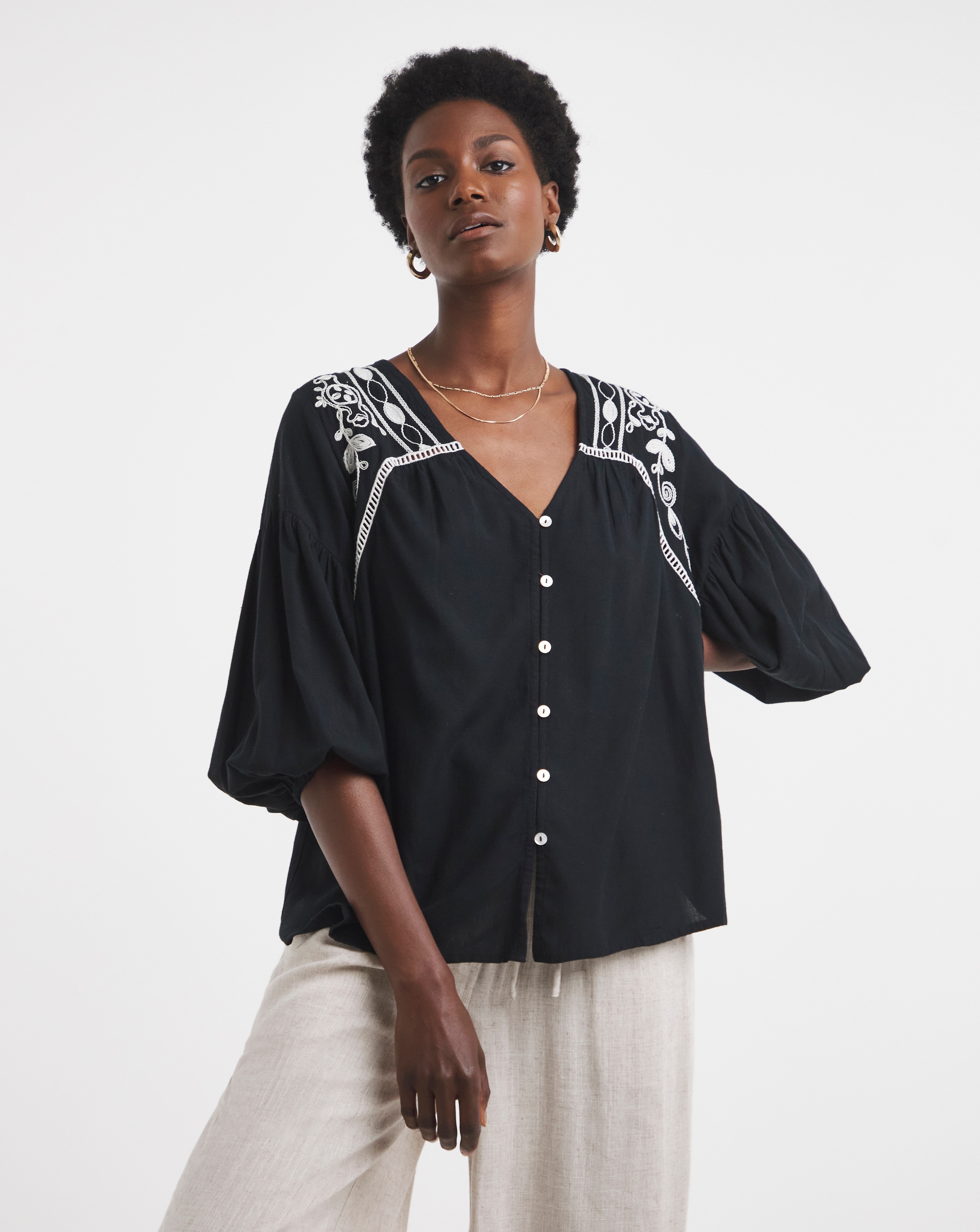 Embroidered Button Through Top