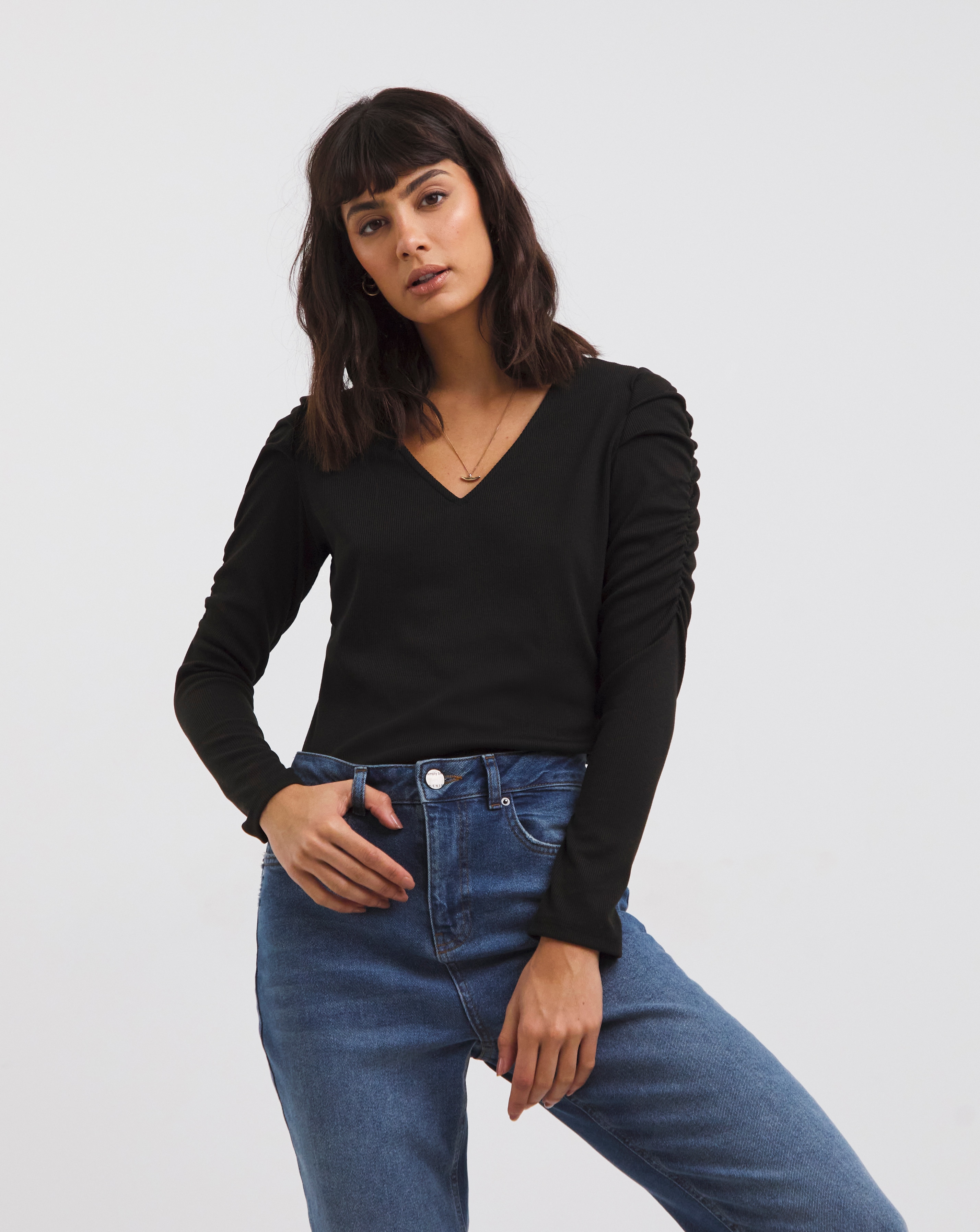 Ruched Shoulder Black Long Sleeve Top
