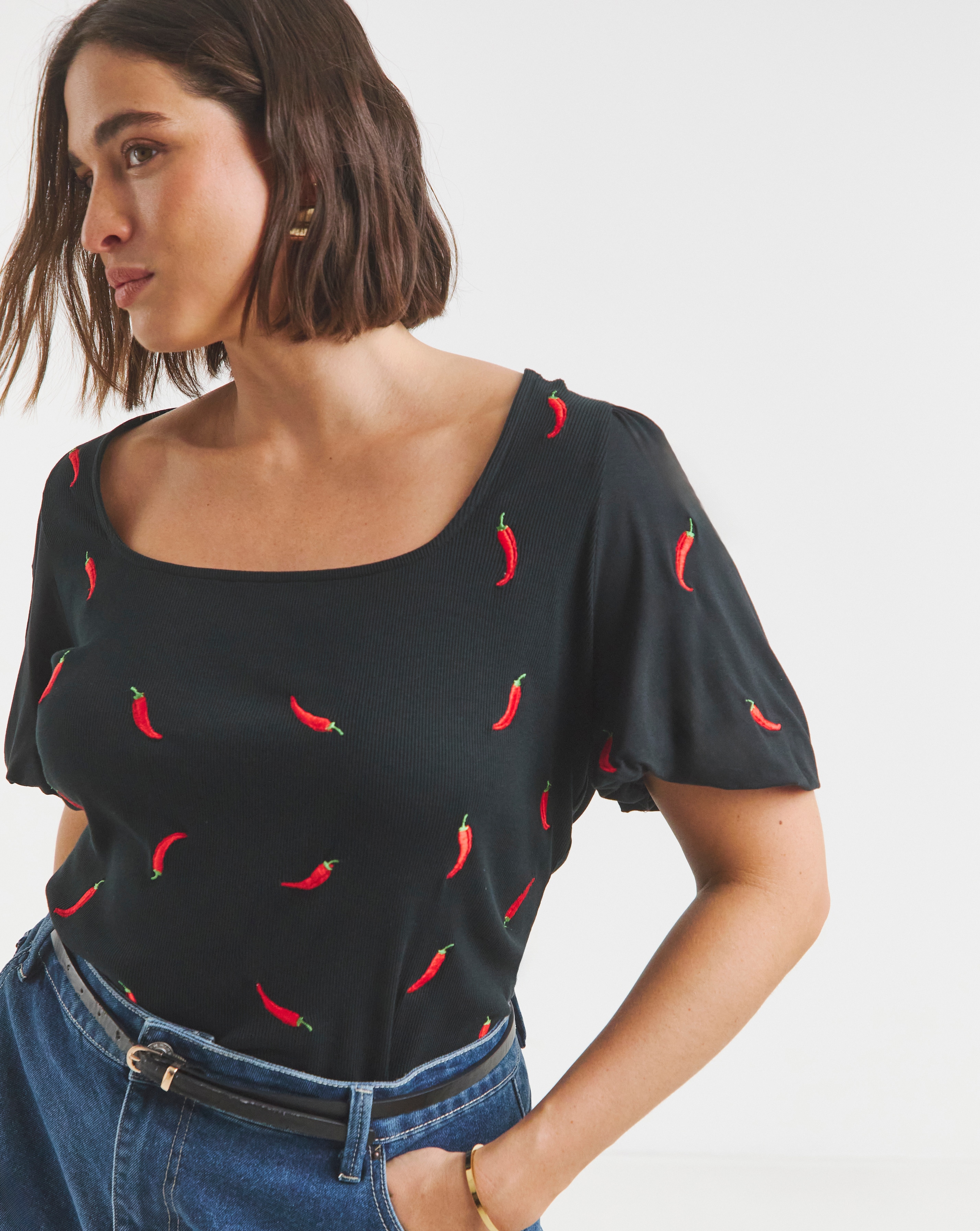 Chilli Embroidered Puff Sleeve Top