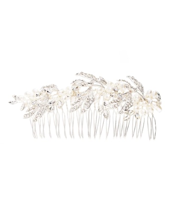 Silver Plated Leaf And Pearl Large Olive Hair Comb
