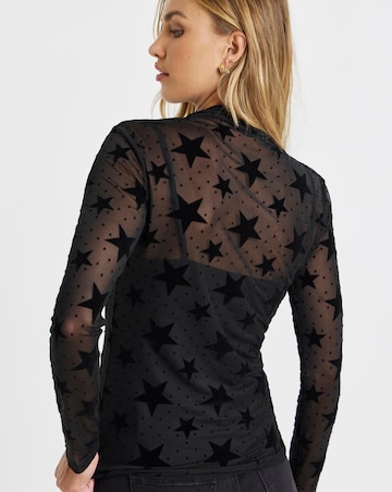 Black Velour Star Print Mesh Top