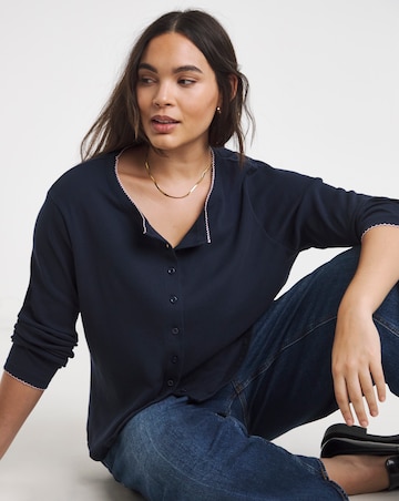 Navy & Pink Ribbed Cardi with Contrast Trim