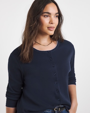 Navy & Pink Ribbed Cardi with Contrast Trim