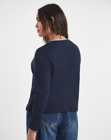 Navy & Pink Ribbed Cardi with Contrast Trim