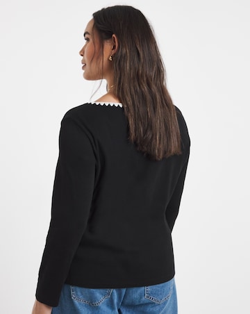 Black Ribbed Henley Top with Whipstitching