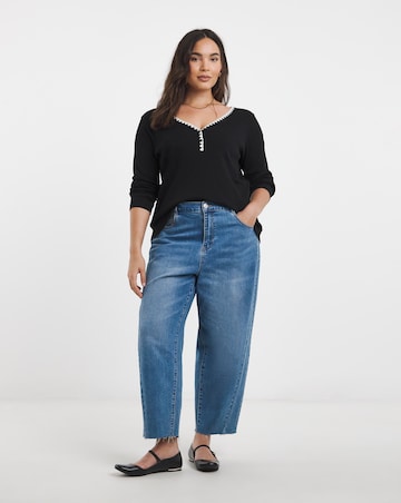 Black Ribbed Henley Top with Whipstitching