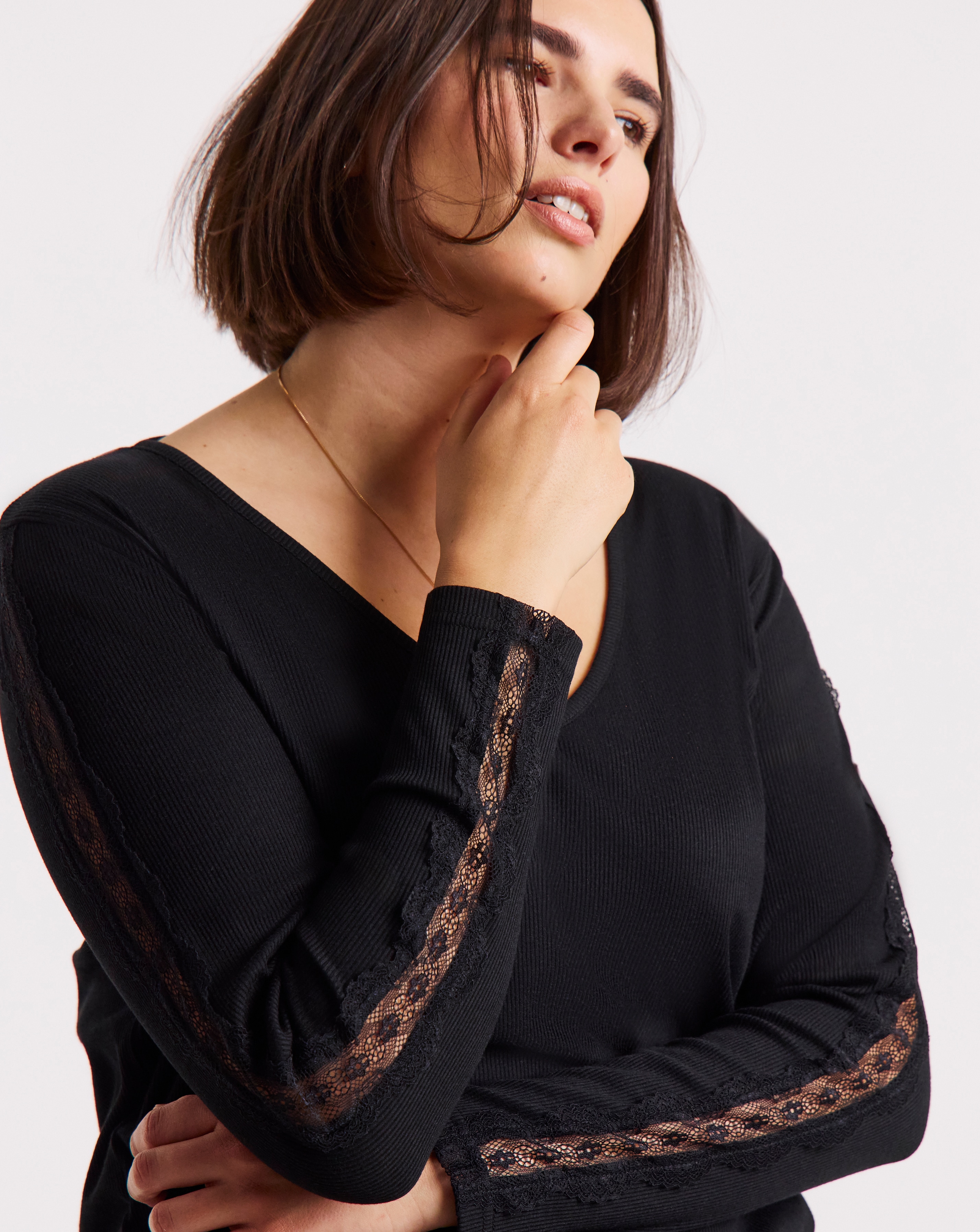 New In - Slash Neck Rib Top with Lace Sleeve