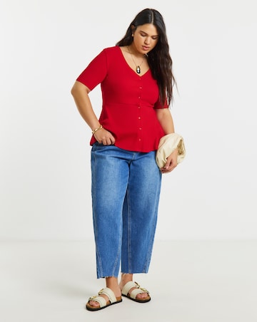 Red Button Through Peplum Top