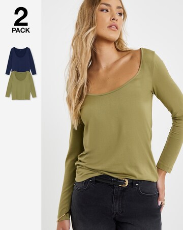 Navy & Khaki 2 Pack Scoop Neck Tops