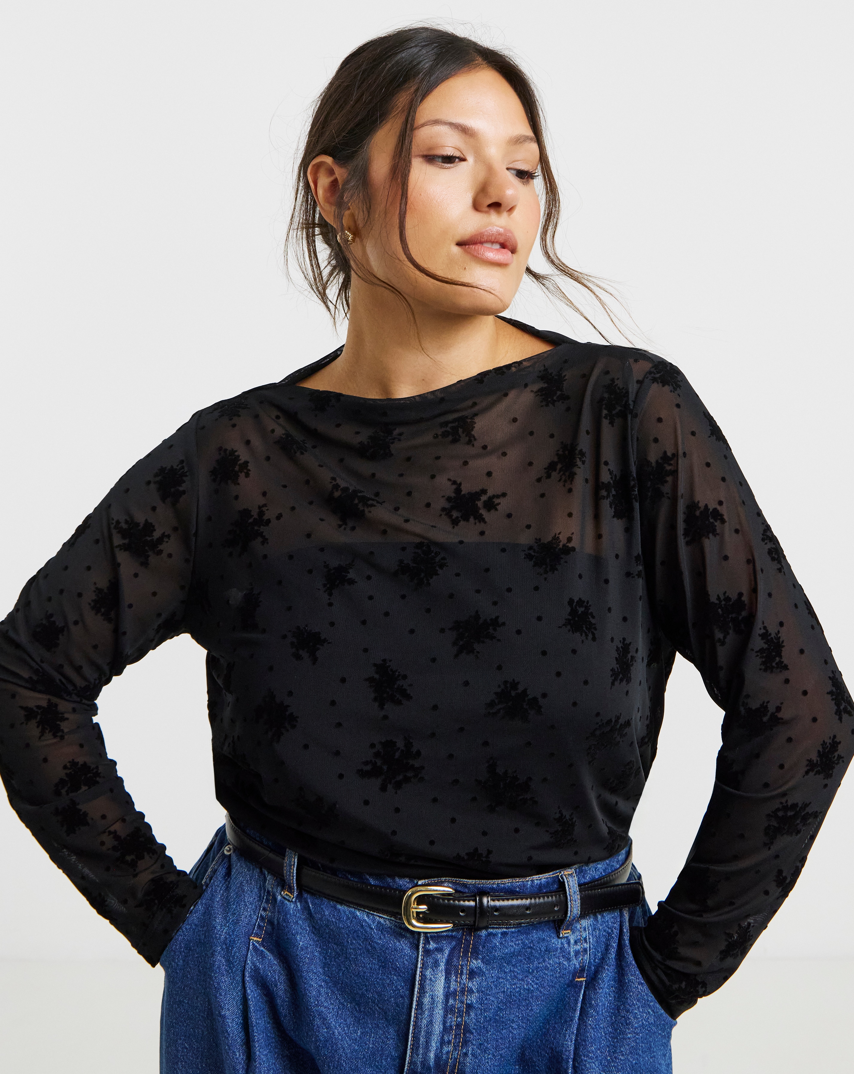 Floral & Dobby Mesh High Neck Top