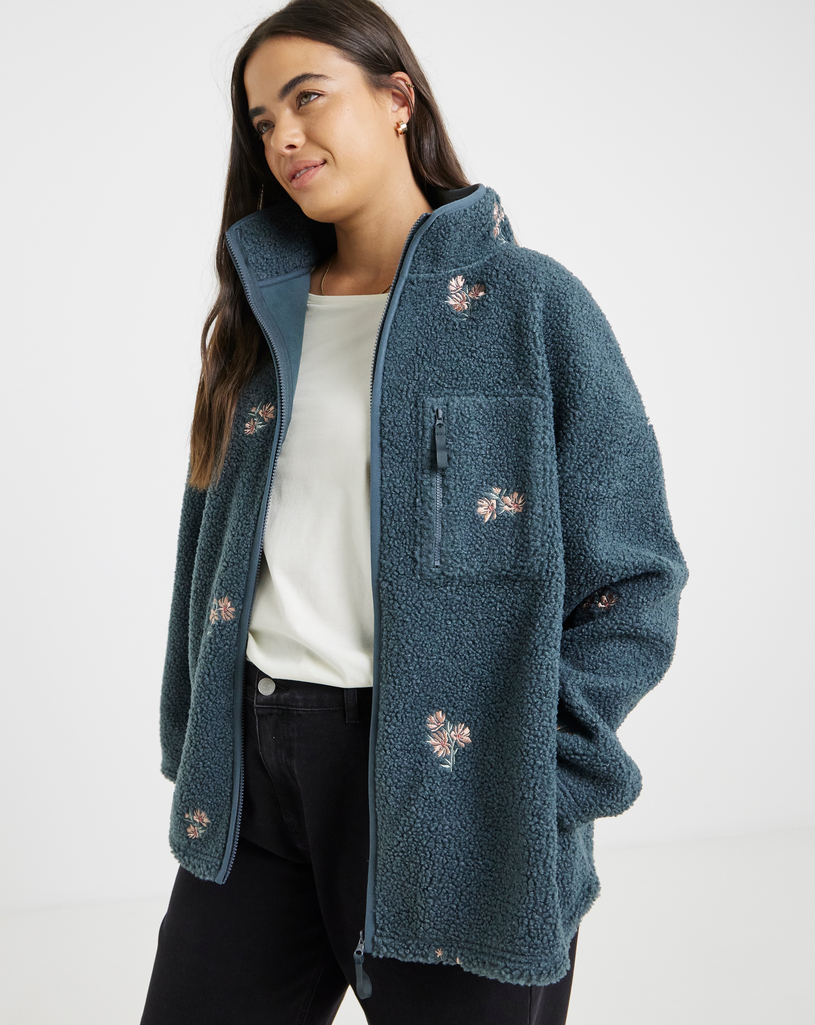 Borg Embroidered Floral Zip Through