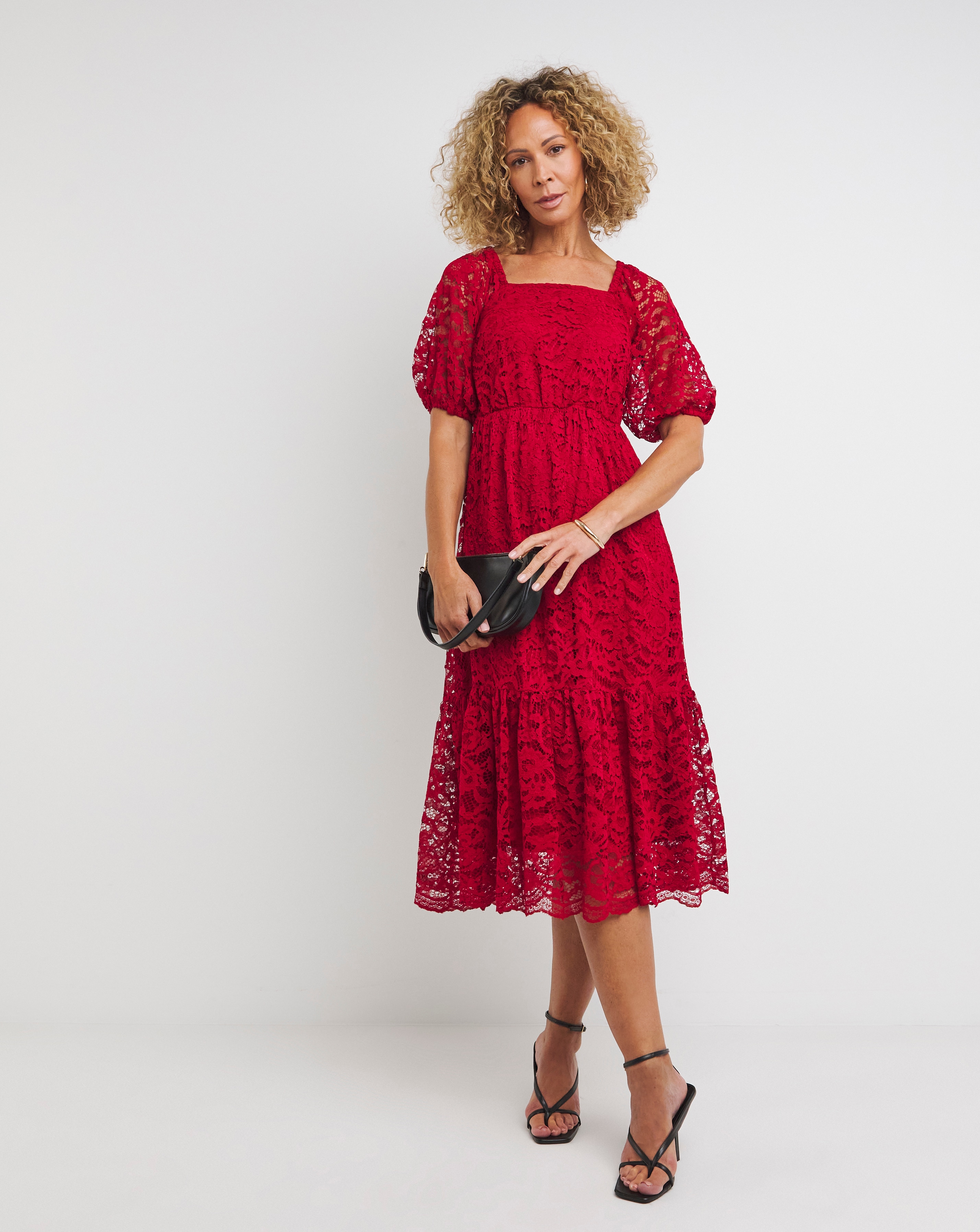 Square Neck Puff Sleeve Lace Dress