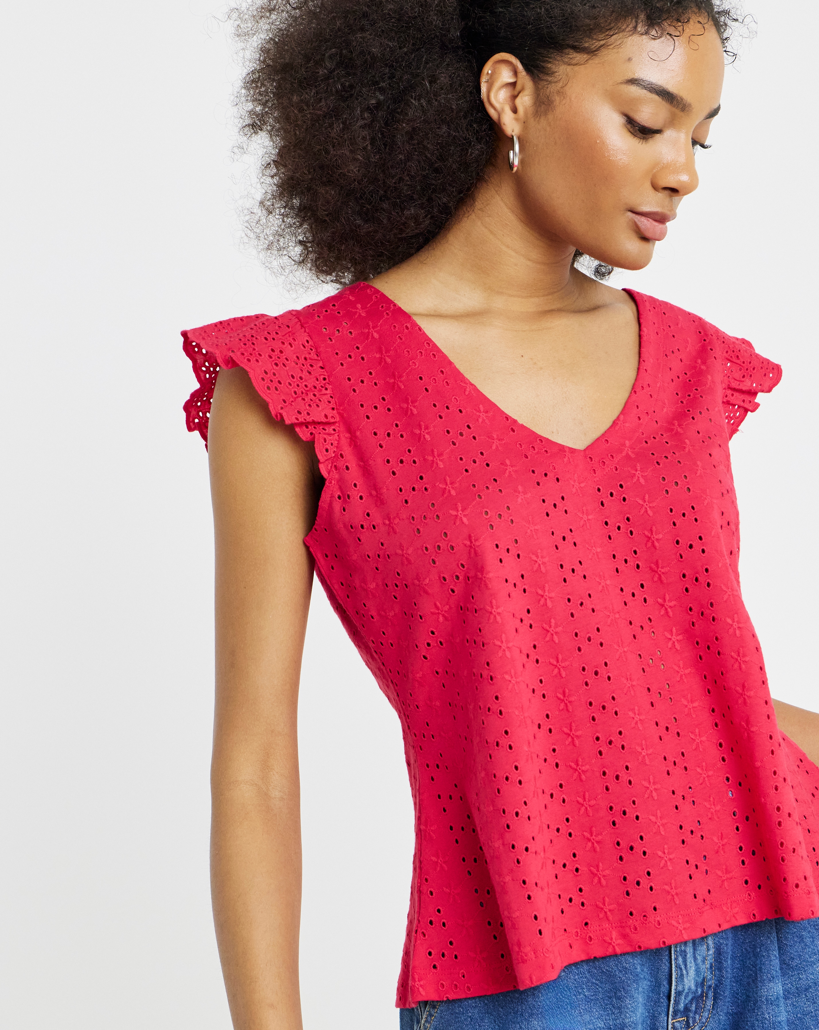 V Neck Ruffle Sleeve Broderie Top