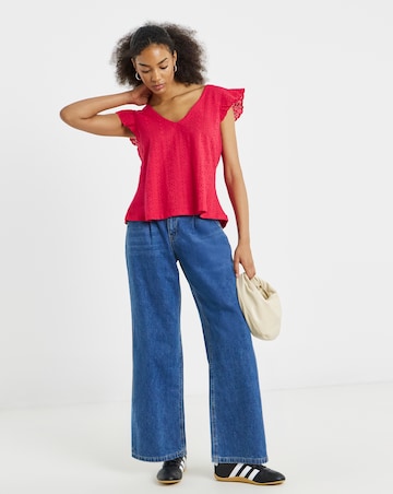 Red V Neck Ruffle Sleeve Stretch Broderie Top