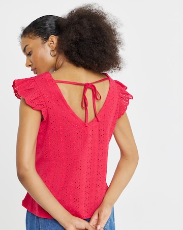 Red V Neck Ruffle Sleeve Stretch Broderie Top