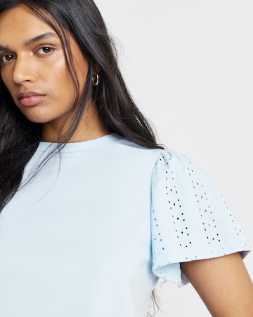 Blue Crew Neck Peplum Stretch Broderie Top