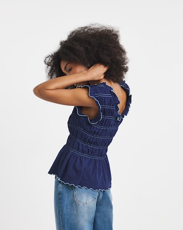 Navy Shirred Peplum V Neck Top