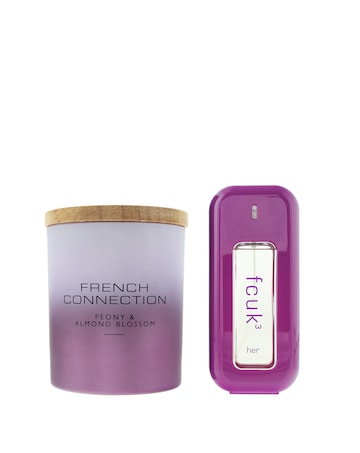 French Connection Peony and Almond Blossom Candle and FCUK 3 Her 100ml Twin Pack