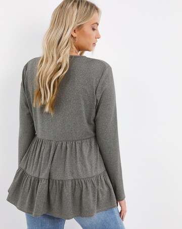 Grey Marl Long Sleeve Ribbed Tiered Smock Top