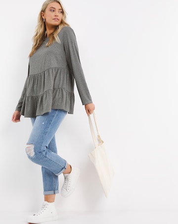 Grey Marl Long Sleeve Ribbed Tiered Smock Top