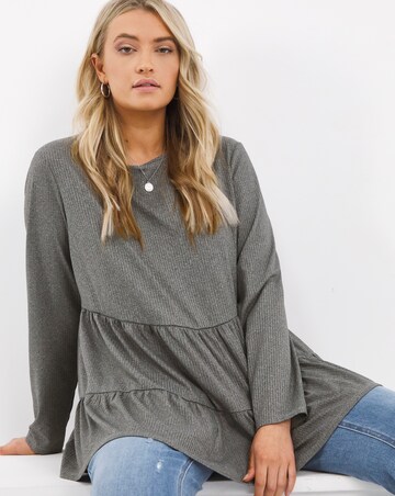 Grey Marl Long Sleeve Ribbed Tiered Smock Top