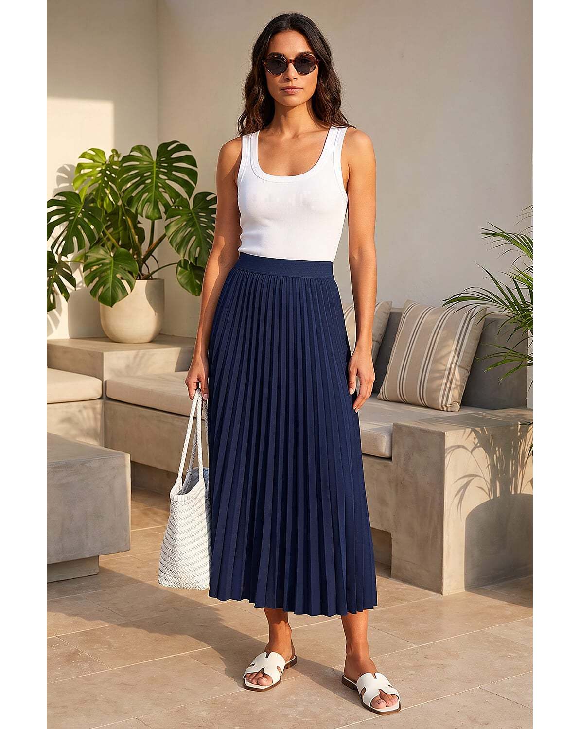 Roman Pleated Elastic Waist Maxi Skirt