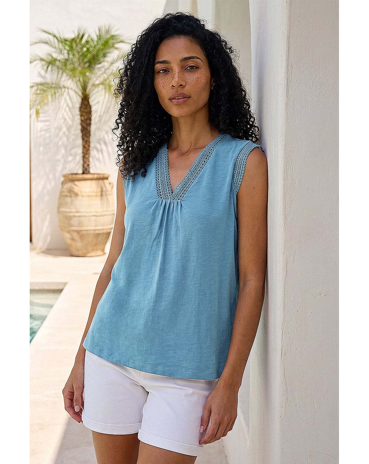 Roman Lace Trim Tie V-Neck Top