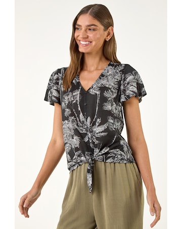 Roman Palm Tree Print Tie Front Top