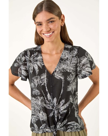Roman Palm Tree Print Tie Front Top