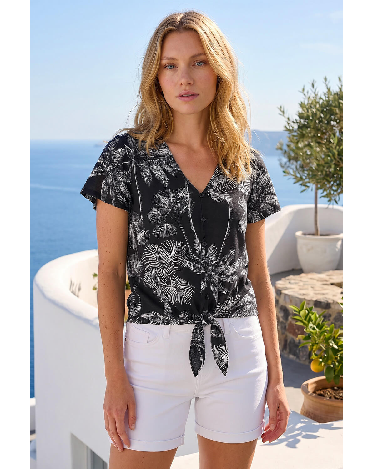 Roman Palm Tree Print Tie Front Top