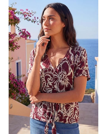 Roman Floral Print Tie Front V-Neck Top