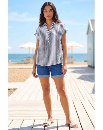 Roman Stripe Print Button Front Top