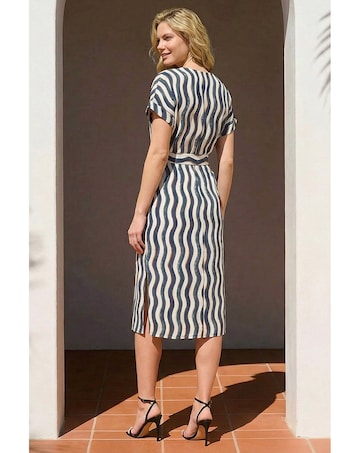 Roman Wave Print Belted Midi Dress