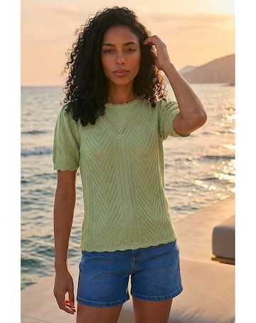 Roman Scallop Puff Sleeve Knit Top