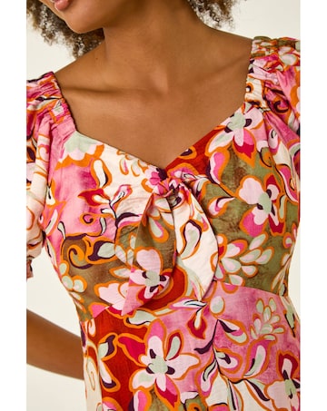 Roman Floral Print Tie Front Midi Dress