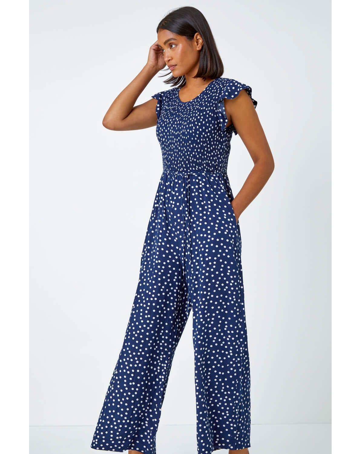 New In - Roman Polka Dot Shirred Pocket Jumpsuit
