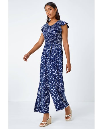 Roman Polka Dot Shirred Pocket Jumpsuit