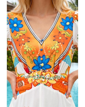 Roman Floral Border Ruched Midi Dress