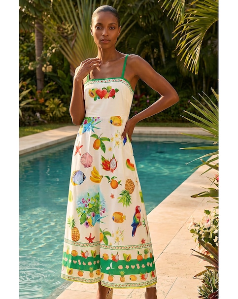 Roman Fruit Print Strappy Midi Dress