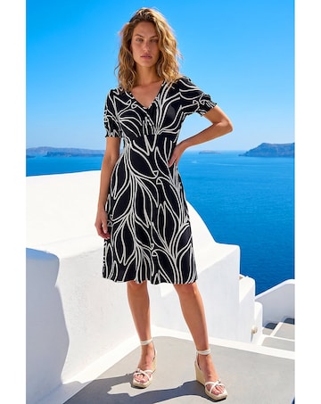 Roman Leaf Print Gathered Midi Dress
