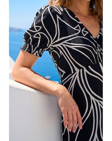 Roman Leaf Print Gathered Midi Dress