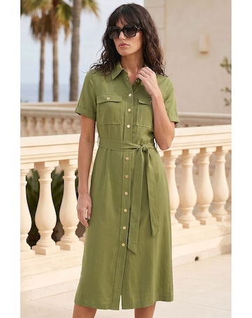 Roman Button Belted Collared Shirt Dress
