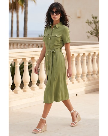 Roman Button Belted Collared Shirt Dress
