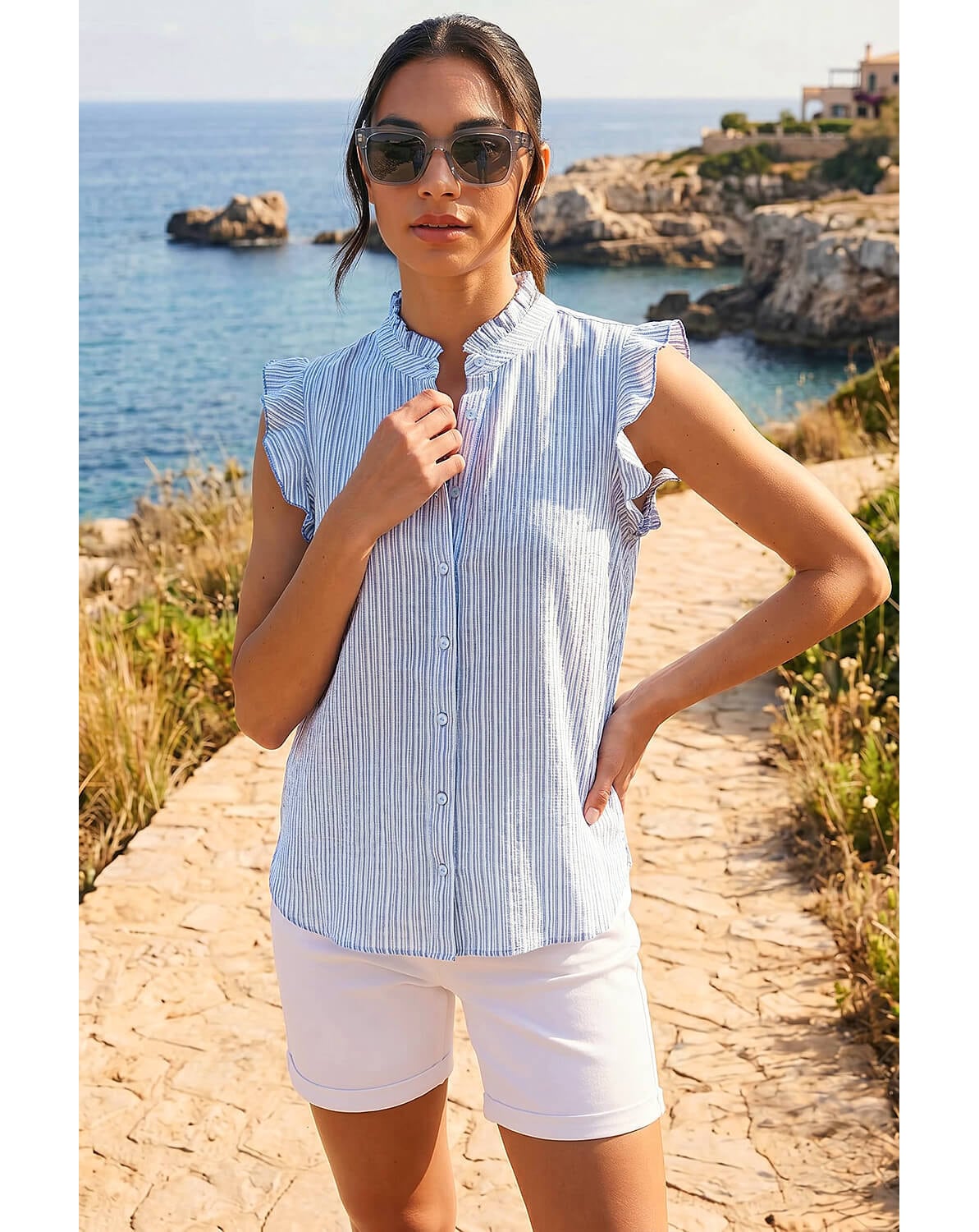 New In - Roman Stripe Print Frill Sleeve Blouse