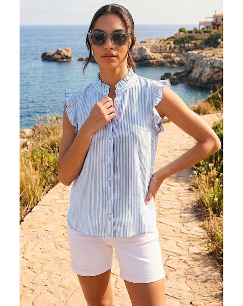 Roman Stripe Print Frill Sleeve Blouse